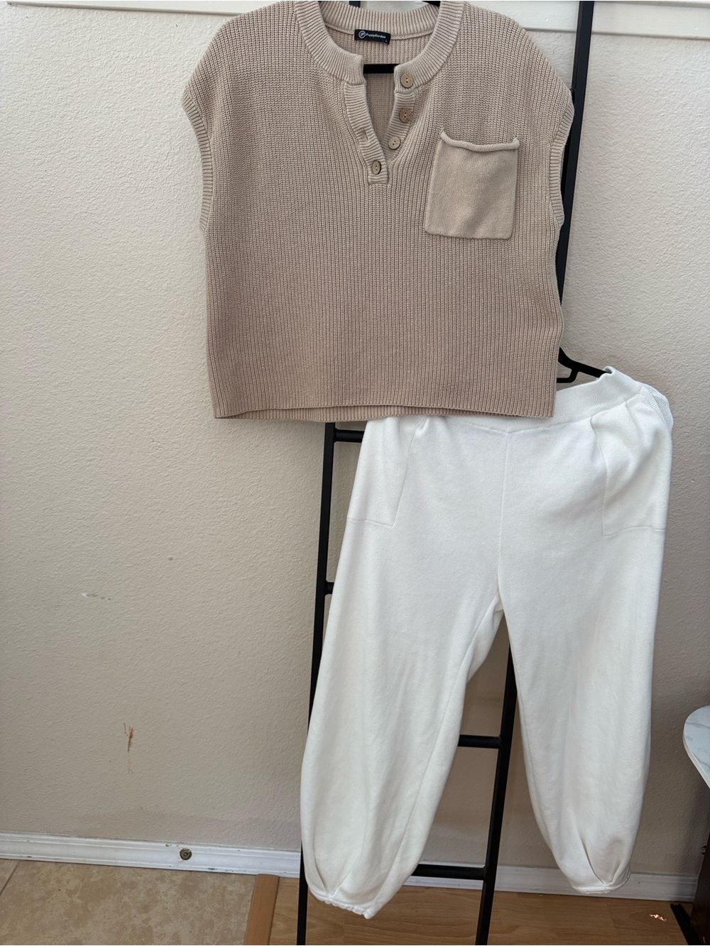 Sleeveless Henley Sweater Set in Taupe